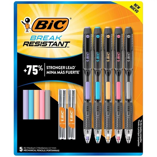 BIC; BIC Break-Resistant No. 2 Mechanical Pencils with Erasers, 5-Count Pack; Category:Pencils; Image:1
